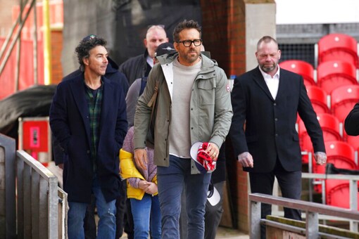 Ryan Reynolds arrives prior to the English FA Cup 4th round match between Wrexham and Sheffield United (AP)