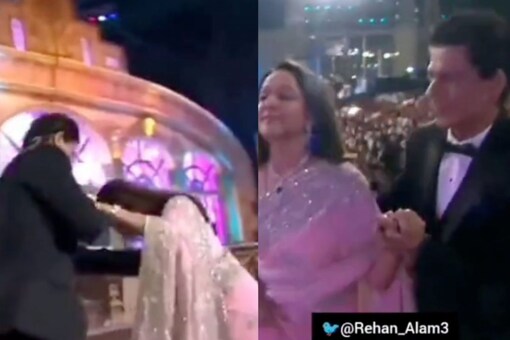 SRK Helping Hema Malini Get on Stage in Old Video Proves He’s a True Gentleman. (Image: Twitter/@AamirKhanfa)