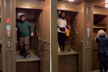 2 people in elevator
