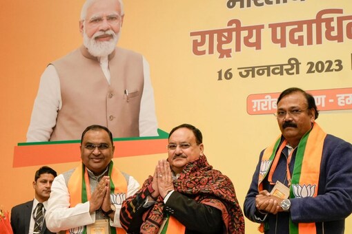 BJP chief JP Nadda at the meeting on Monday. (PTI)