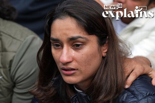 New Delhi: Wrestler Vinesh Phogat reacts during a press conference regarding wrestlers' protest against the WFI, in New Delhi, Wednesday, Jan. 18, 2023. (PTI Photo/Shahbaz Khan) 