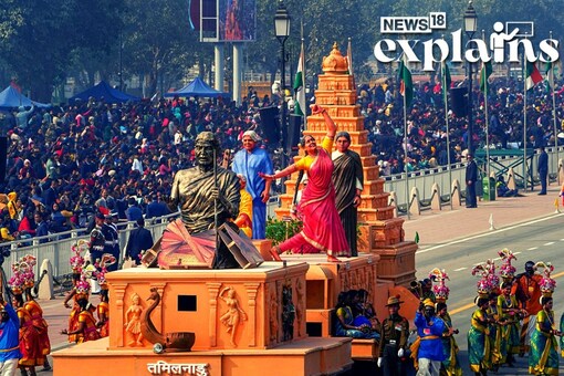  Tamil Nadu tableau on display during the full dress rehearsal of the Republic Day Parade 2023, at Kartavya Path in New Delhi, Monday, Jan. 23, 2023. (PTI Photo/Shahbaz Khan)