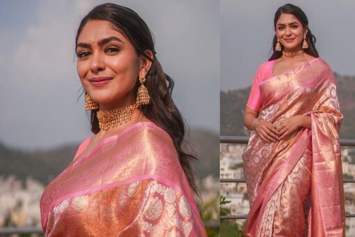 In the pink traditional silk saree with the silver embroidery threads, Mrunal Thakur looked beyond gorgeous. (Images: Instagram)
