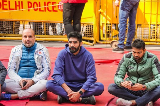 Boxer Vijender Singh during a protest of wrestlers against the Wrestling Federation of India (WFI), at Jantar Mantar in New Delhi (PTI Photo)