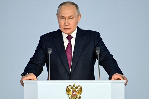 Russian President Vladimir Putin gives his annual state of the nation address in Moscow, Russia, Tuesday, Feb. 21, 2023. (Pavel Bednyakov, Sputnik, Kremlin Pool Photo via AP)


