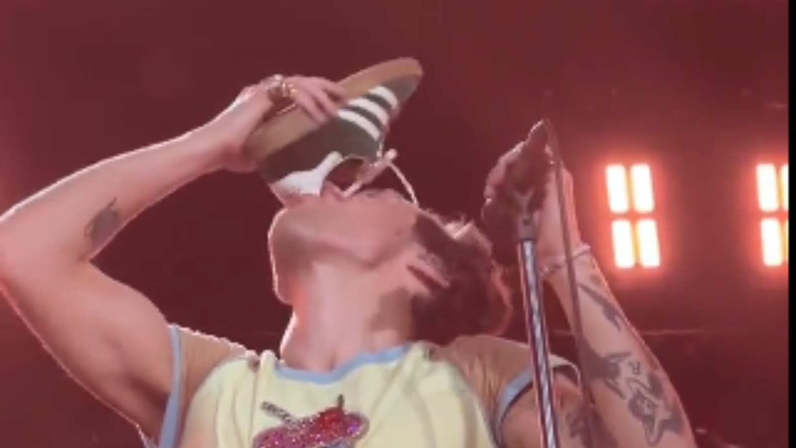 Harry Styles drinks beer from his shoe during concert in Australia