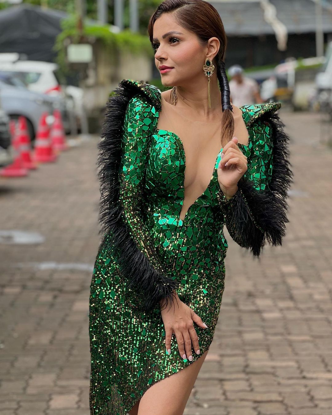 Rubina Dilaik looks stellar in the green dress with a plunging neckline. (Image: Instagram) Rubina Dilaik looks stellar in the green dress with a plunging neckline.