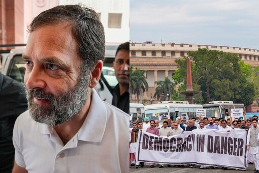 Opposition parties are protesting against conviction of Rahul Gandhi in a criminal defamation case and demanding JPC probe into Adani-Hindenburg issue. (PTI Photo)
