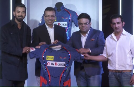 KL Rahul, Sanjeev Goenka, Jay Shah and Gautam Gambhir unveiled LSG's new jersey (Screengrab - LSG YouTube)