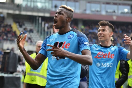 Napoli's Victor Osimhen celebrates after scoring during the Serie A soccer match between Torino and Napoli at the Turin Olympic stadium, Italy, Sunday, March 19, 2023. (Alberto Gandolfo/LaPresse via AP)