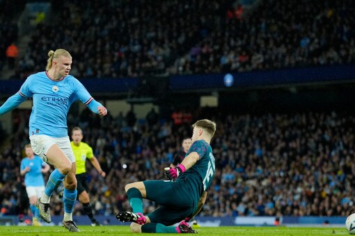 Erling Haaland scores the first goal of his hattrick against Burnley in FA Cup (AP Photo)