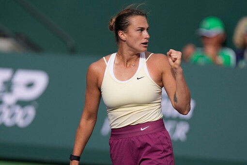 Aryna Sabalenka reacts after beating Maria Sakkari in Indian Wells semifinal (AP Photo)