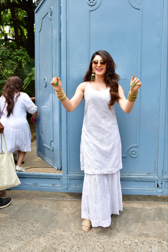 Urvashi Rautela seen arriving at a Holi bash. 