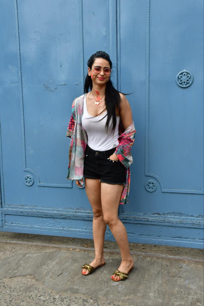 Soundarya Sharma seen arriving at a Holi bash. 