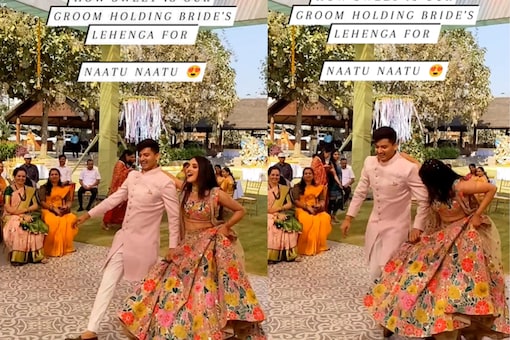 The video starts with the couple dressed in their gorgeous wedding attire. The groom wears a light pink sherwani and the bride wears a beautifully embroidered lehenga. (Credits: Instagram)