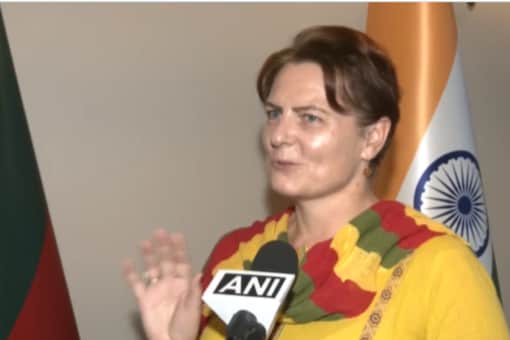 For the interview, Diana Mickeviciene also opted for a yellow traditional kurta set. (credits: Twitter/@ANI)