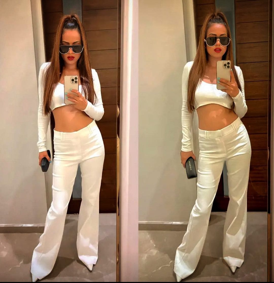 Nia Sharma looks smart in a white co-ord set. 