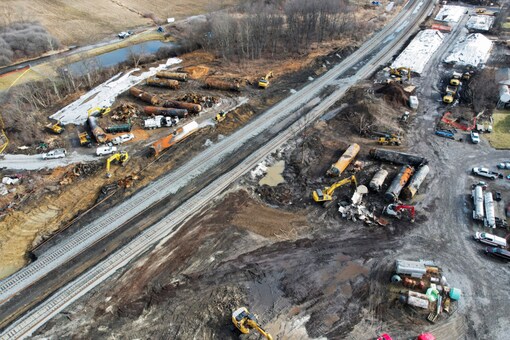 A general view of the site of the derailment of a train carrying hazardous waste in East Palestine, Ohio, US (Image: Reuters)