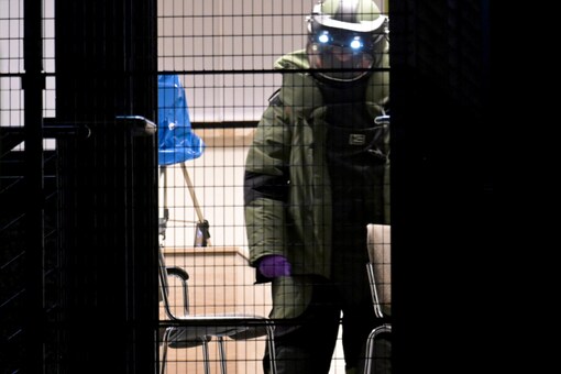 A member of a bomb disposal team works inside the building after several people have been killed or seriously injured in a shooting at a Jehovah's Witness church in the northern German city of Hamburg, Germany (Image: Reuters)
