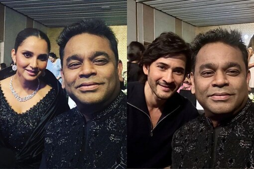 AR Rahman with Sania Mirza, Mahesh Babu at the tennis star's farewell dinner.