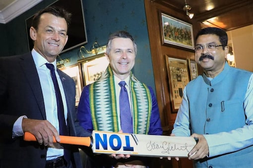 Union education minister Dharmendra Pradhan with Australian education minister Jason Clare and former Australian cricketer Adam Gilchrist during a meeting in New Delhi on Wednesday. (Image: PTI)