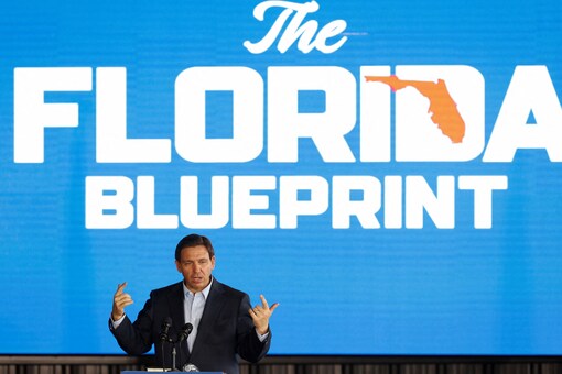Florida Governor and likely 2024 Republican presidential candidate Ron DeSantis speaks as part of his Florida Blueprint tour in Pinellas Park, Florida, U.S. March 8, 2023. (Photo Credit: Reuters) 