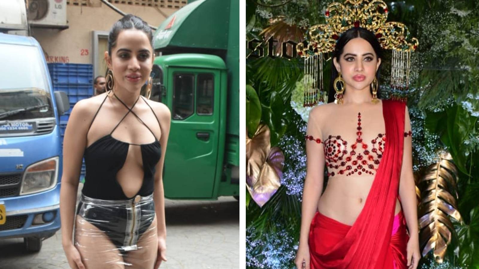 Uorfi Javed Keeps It Interesting By Wearing Plastic Table Cover As Skirt And Pairing Red Saree With Golden Headgear, See Pics
