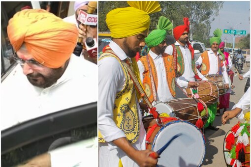 Local artists perform on 'dhol' to welcome Congress leader Navjot Singh Sidhu ahead of his release from the Patiala jail (PTI Photo)