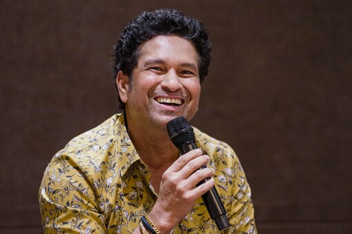 Sachin Tendulkar interacts with media at an event ahead of his 50th birthday (PTI)
