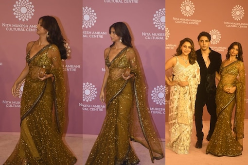 Suhana Khan was seen at the NMACC fashion gala with Gauri Khan and Aryan Khan. (Pic: Viral Bhayani)