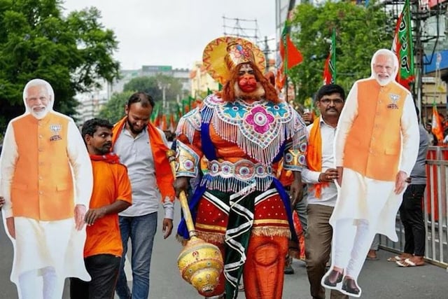 The BJP says it has all the reason to invoke Lord Hanuman, with PM Modi chanting ‘Jai Bajrang Bali’ slogan at every rally since then, especially as Lord Hanuman was born in Karnataka in the Anjanadri Hills. (PTI Photo)