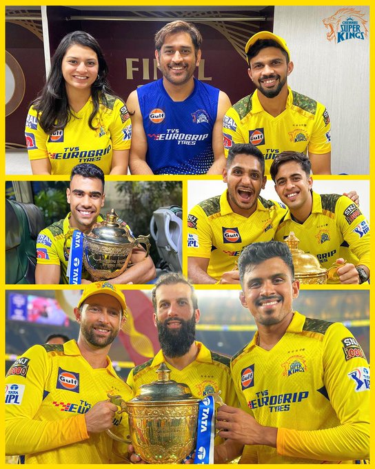 Ms Dhoni Ravindra Jadeja Ajinkya Rahane Others Pose With Ipl Trophy