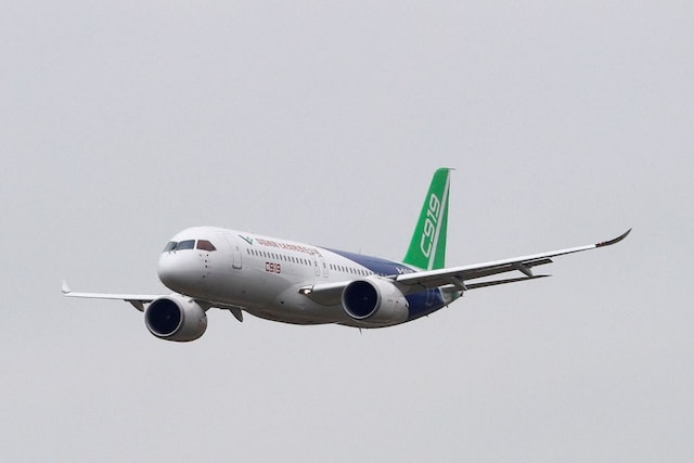Chinese passenger jet C919 performs at the China International Aviation and Aerospace Exhibition, or Airshow China, in China. (Reuters) 