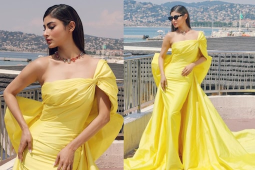 Mouni is pictured in the photos wearing an Atelier Zuhra dress with a single shoulder in a sunny yellow colour.