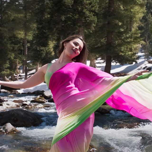 Alia Bhatt shows off her sensuous curves in the pink and green chiffon saree. Doesn't she remind you of Sridevi? 