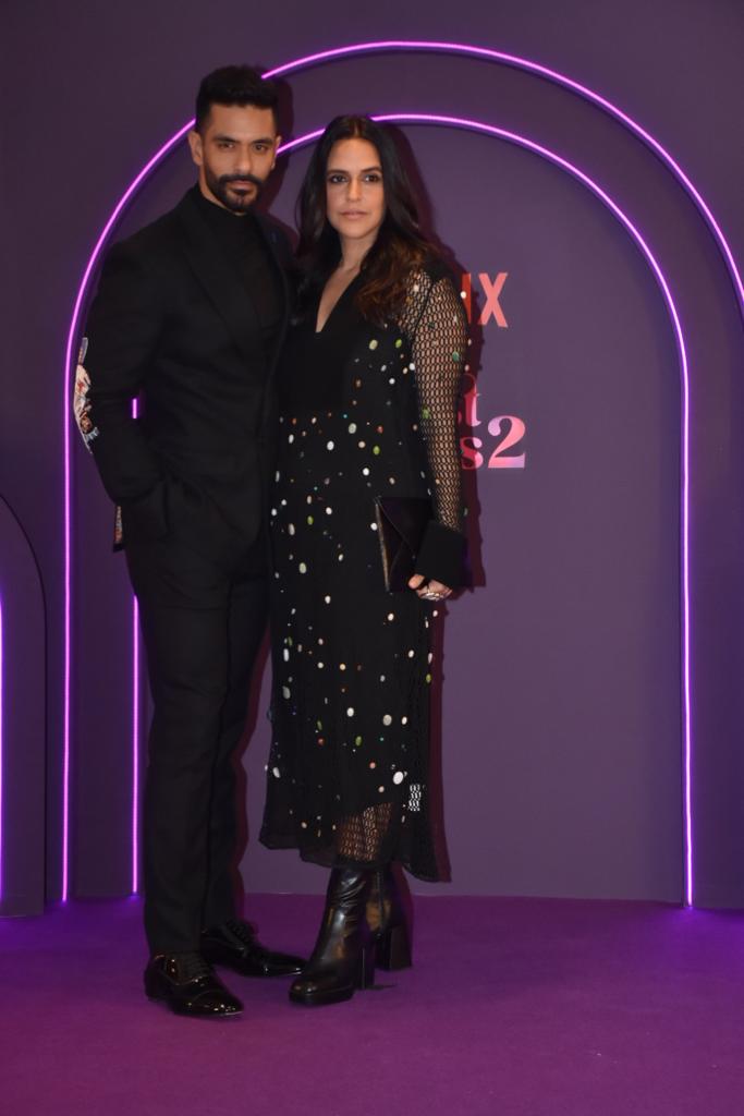 Angad Bedi and Neha Dhupia coupled up and twinned in black at the screening of Lust Stories 2. (Image: Viral Bhayani) Angad Bedi and Neha Dhupia couple up and twin in black at the screening of Lust Stories 2.