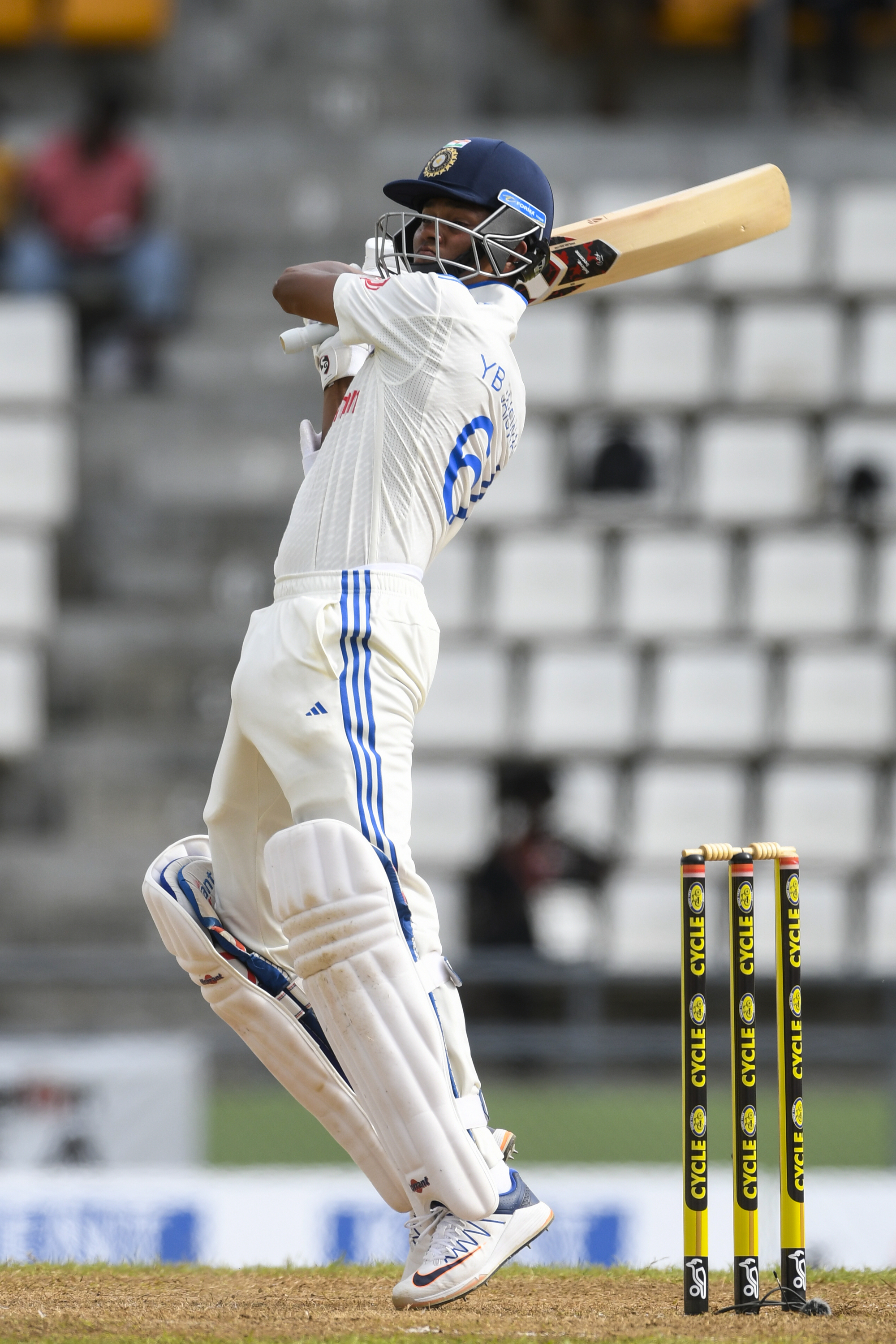 Yashasvi Jaiswal hardly showed any signs of nerves as he played close to his body for better part of evening. (AFP Image) Yashasvi Jaiswal hardly showed any signs of nerves as he played close to his body for better part of evening.