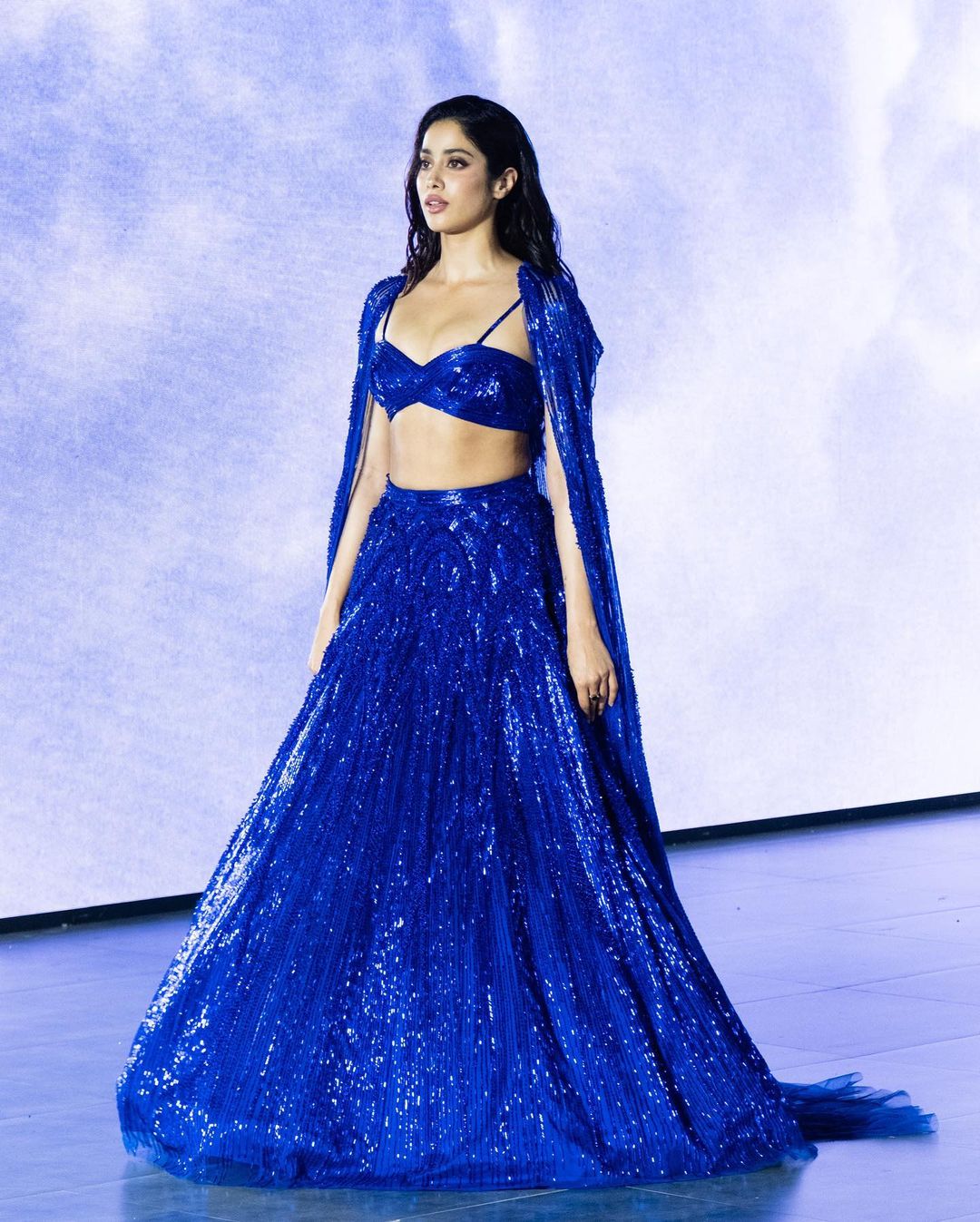 Janhvi Kapoor is a sight to behold in beauteous blue as she models for Indian Couturier, Gaurav Gupta. (Image: Instagram) Janhvi Kapoor is a sight to behold in beauteous blue as she models for Indian Couturier, Gaurav Gupta. (Image: Instagram)