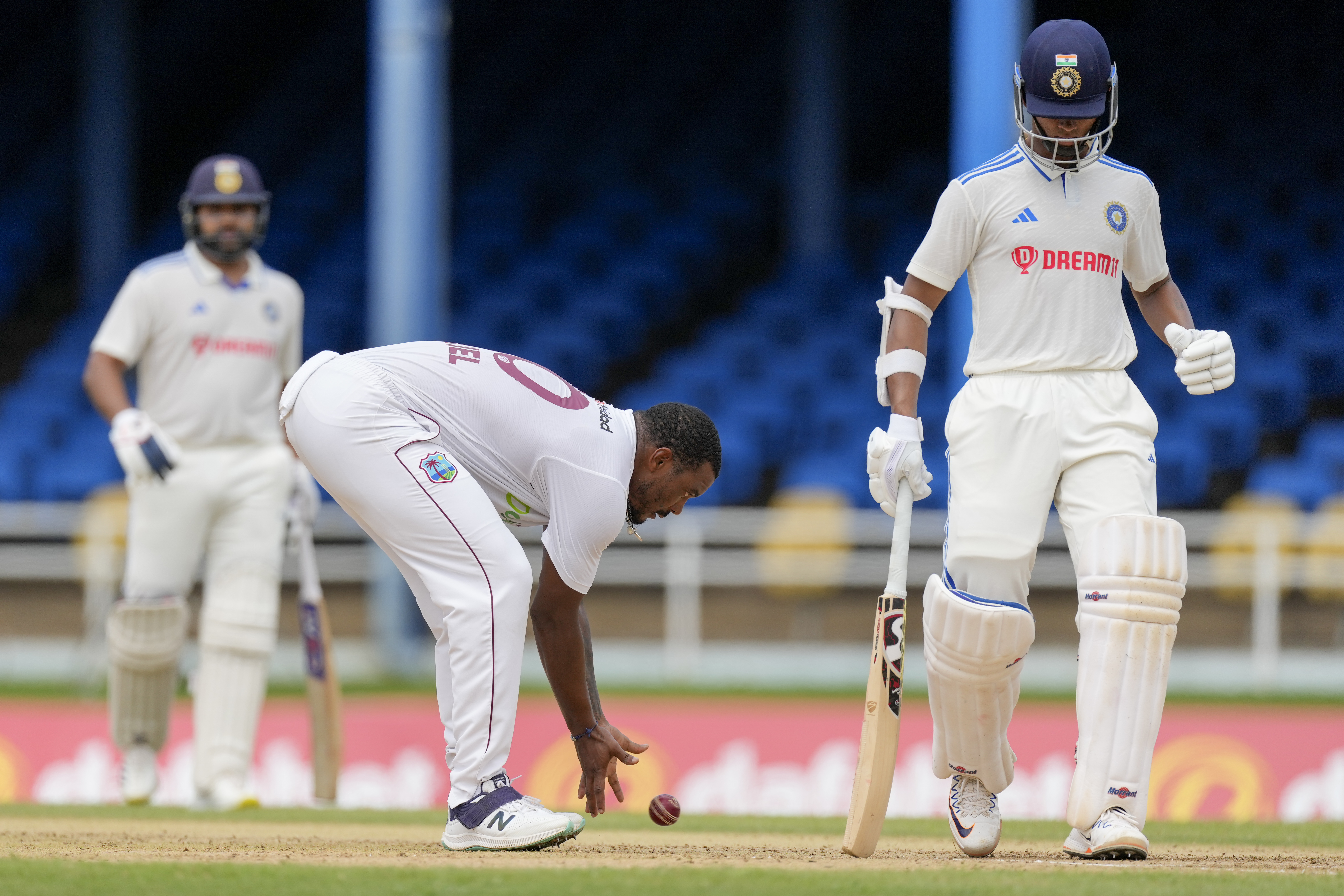 Indian openers Yashasvi Jaiswal and Rohit Sharma got off to a steady start, continuing from where they left off in the previous game. The Indian openers both scored a fifty each to put India in command at 121/0 at Lunch on Day 1. (AP Photo) Indian openers Yashasvi Jaiswal and Rohit Sharma got off to a steady start, continuing from where they left off in the previous game. The Indian openers both scores a fifty each to put India in command at 121/0 at Lunch on Day 1. (AP Photo)