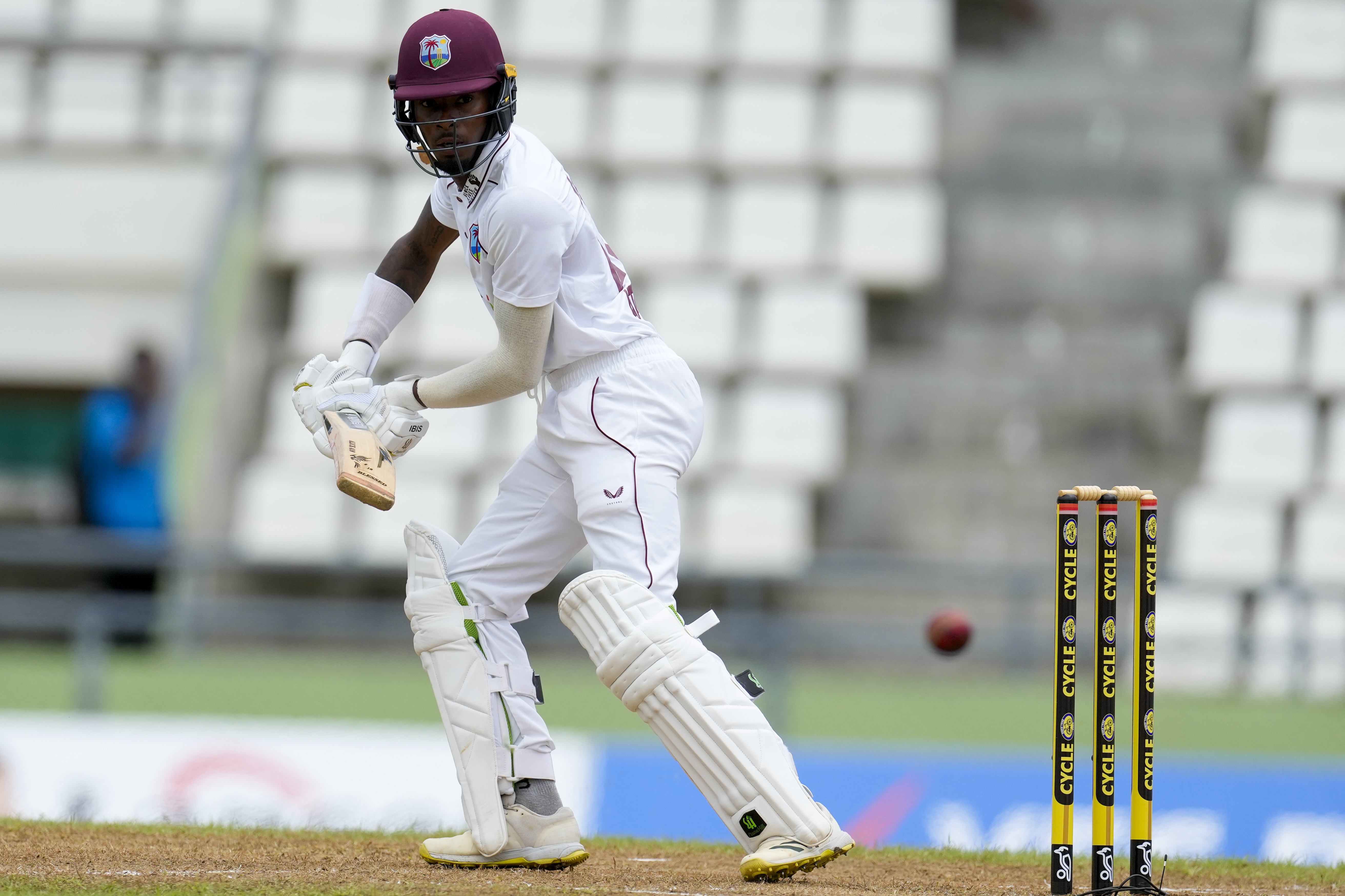 West Indies' Alick Athanaze Athanaze, who looked most comfortable against Ashwin did hit some lusty blows but was done in by slowness of the track as he couldn't time a short ball and the skier was gobbled up by Thakur.