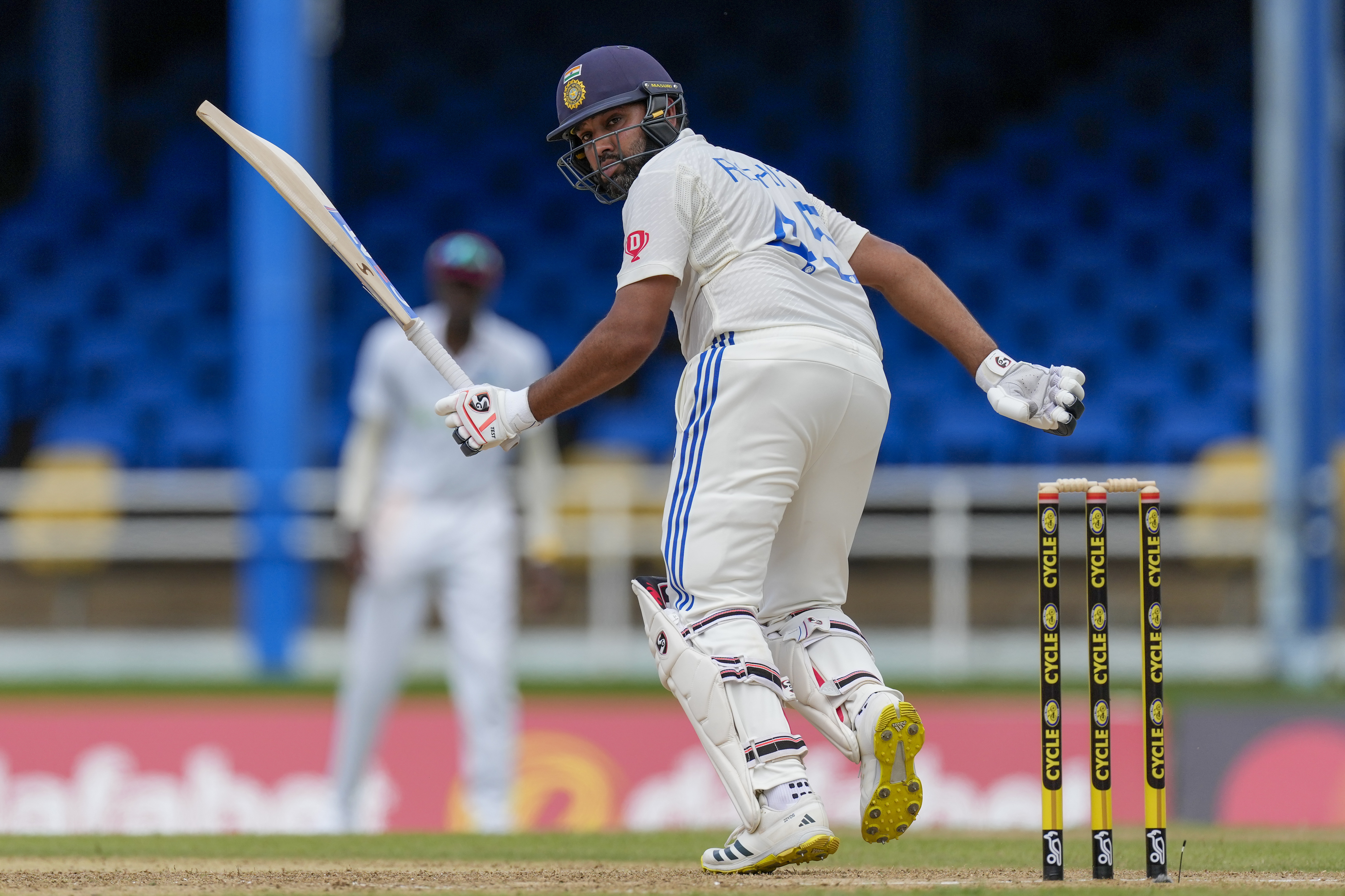 Rohit Sharma scored an entertaining knock of 80 runs, he was looking promising but missed out on a well-deserved hundred. The Indian captain departed at a crucial juncture in the game as West Indies roared back into the contest. (AP Photo) Rohit Sharma scored an entertaining knock of 80 runs, he was looking promising but missed out on a well-deserved hundred. The Indian captain departed at a crucial juncture in the game as West Indies roared back into the contest. (AP Photo)