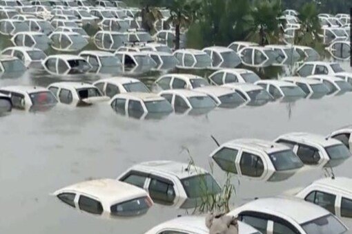 The rising water level of the Hindon river has submerged cars in the Ecotech 3 area of Noida. (Image: ANI)