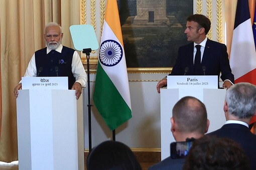 Prime Minister Narendra Modi and French President Emmanuel Macron attend a joint press conference at the Elysee Palace in Paris. (AP)