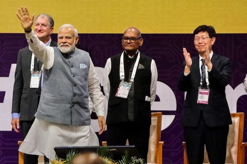 Prime Minister Narendra Modi during the Semicon India Conference 2023, in Gandhinagar. Foxconn Chairman Young Liu is also seen. (PTI)