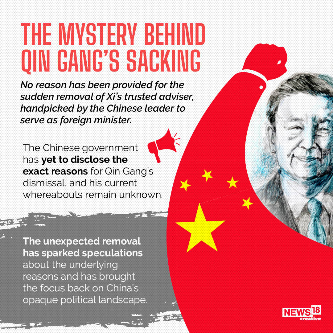 China remains tight-lipped regarding Qin Gang's fate. There are speculations which link his troubles to an alleged affair with a prominent TV anchor.(Illustration: News18)