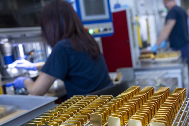 Ready to be minted 50g gold ingots are pictured at the plant of refiner and bar manufacturer Argor-Heraeus in Mendrisio, Switzerland, July 13, 2022. (Reuters)