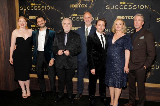 Sarah Snook, Arian Moayed, Brian Cox, Jesse Armstrong, Kieran Culkin, J. Smith-Cameron and Alan Ruck pose while attending the premiere of the third season of Succession in Manhattan, New York, US, October 12, 2021. (Reuters)