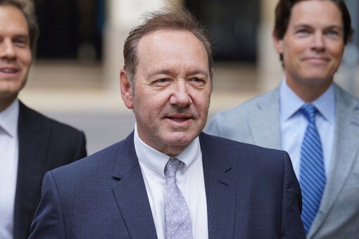 US Actor Kevin Spacey, center, arrives at Southwark Crown Court, London, Tuesday, July 4, 2023. (Lucy North/PA via AP)