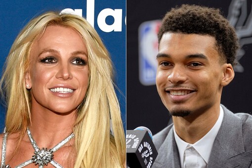 Britney Spears appears at a awards show in California, on April 12, 2018, left, and San Antonio Spurs NBA basketball player Victor Wembanyama speaks during a news conference in San Antonio on June 24, 2023. (Photo Credit: AP)