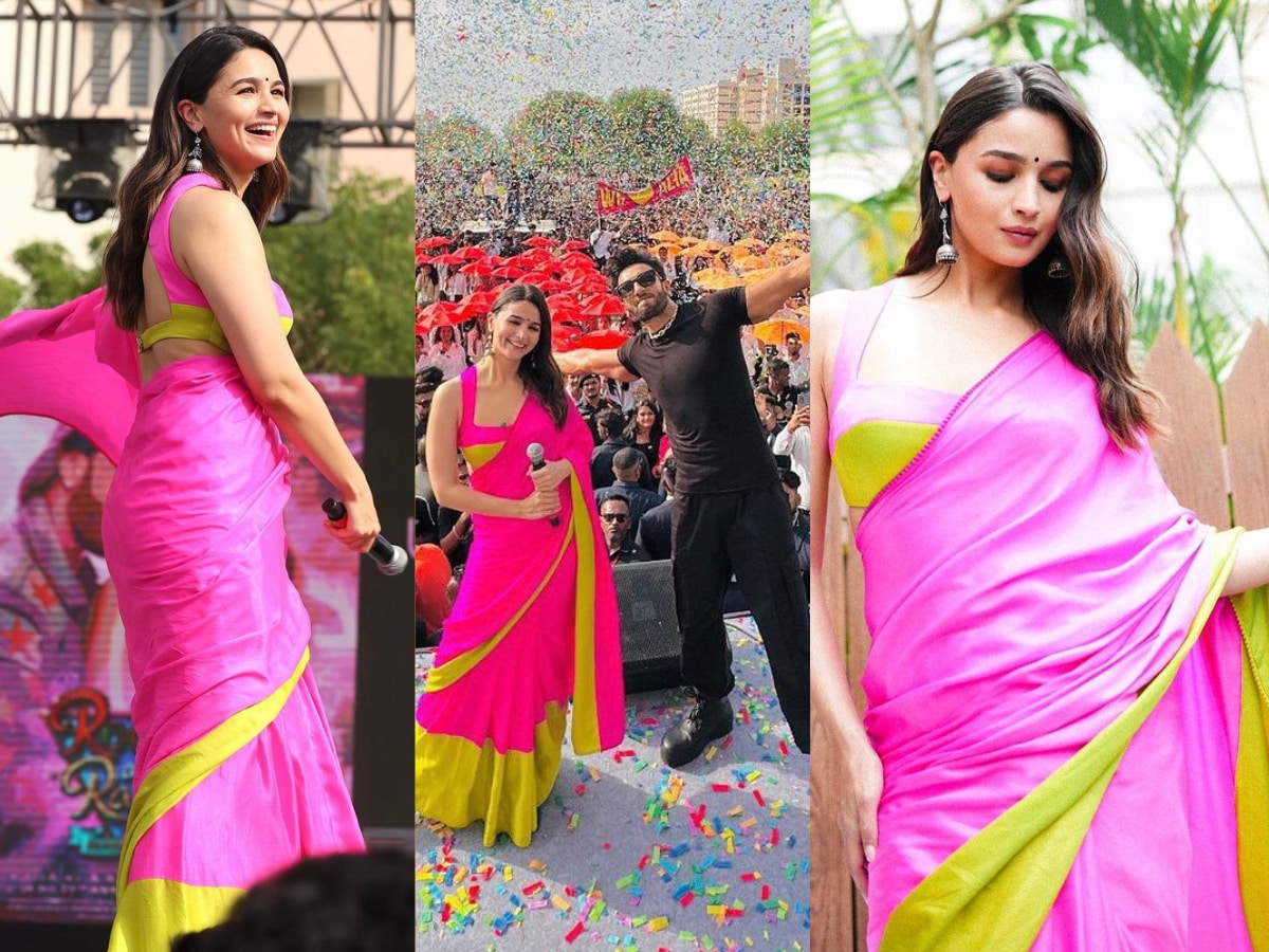 Alia Bhatt treated us to a traditional look in dual-toned pink and neon  saree as she promotes Rocky Aur Rani Kii Prem Kahaani in Vadodara :  Bollywood News - Bollywood Hungama